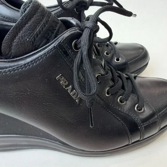 Prada Sport Leather Wedge Sneakers Black Women’s Size 37.5 - Picture 7 of 11